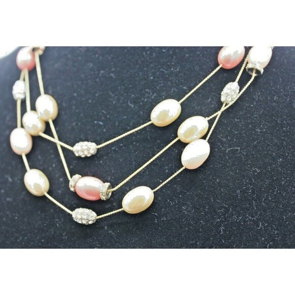 Monet Necklace Triple Strand Pink Signed Goldtone Clear Rhinestones Adjustable - Picture 5 of 8